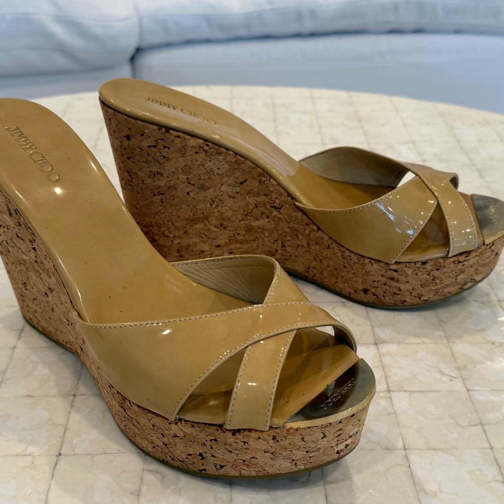 Jimmy Choo Patent Leather Wedge Espadrilles, nude/beige